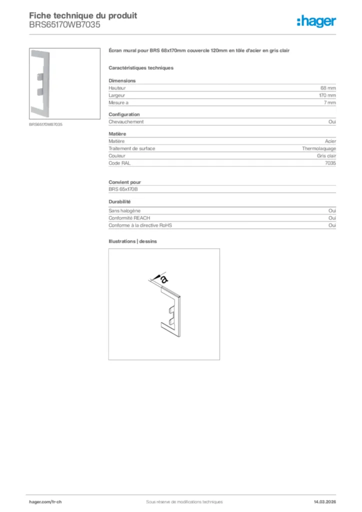 Image Hager Fiche technique du produit BRS65170WB7035 | Hager Suisse