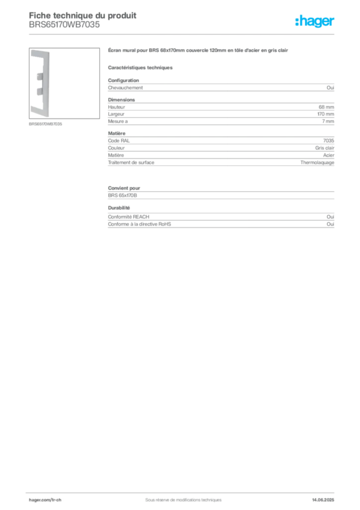 Image Hager Fiche technique du produit BRS65170WB7035 | Hager Suisse