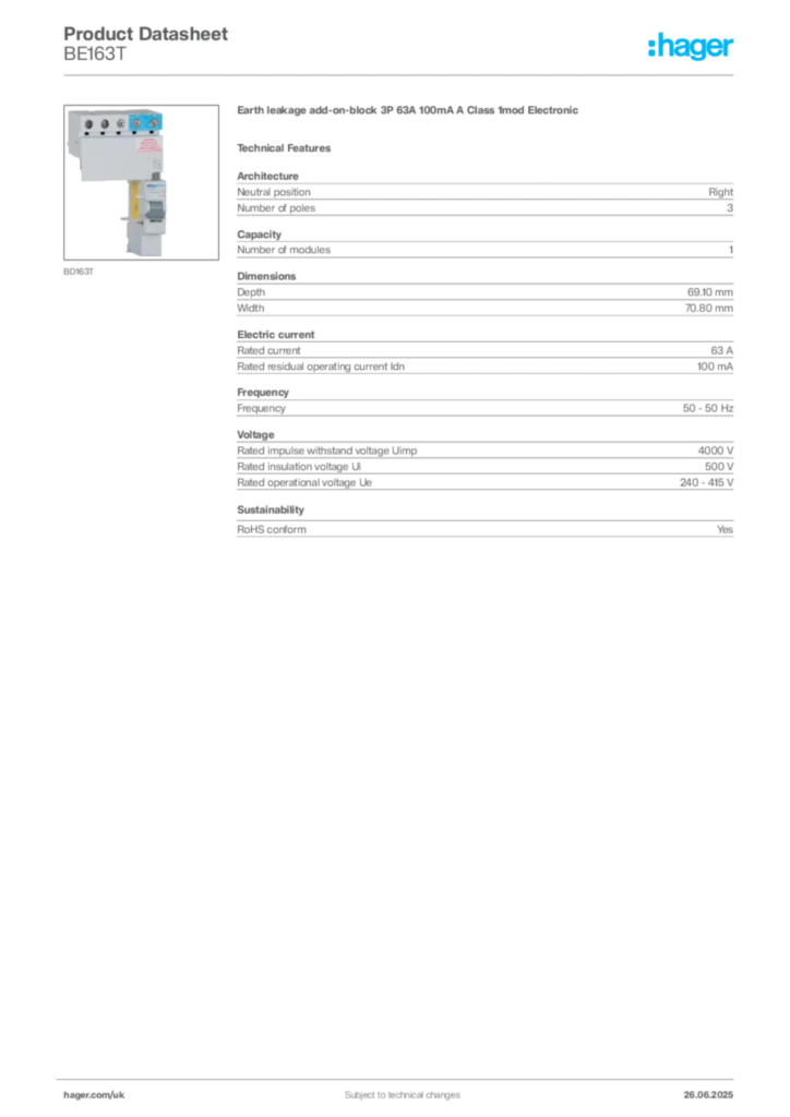 Image Hager Product data sheet BE163T  | Hager
