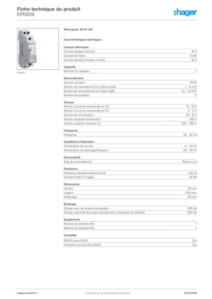 Image Hager Fiche technique du produit EPN519 | Hager Afrique
