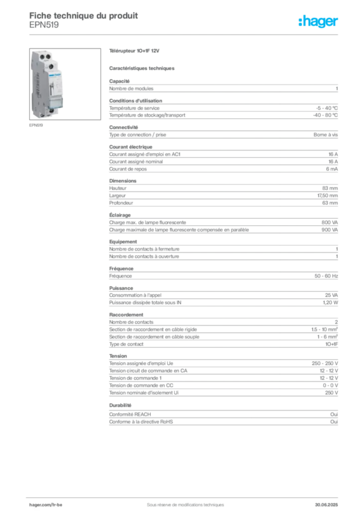 Image Hager Fiche technique du produit EPN519 | Hager Belgique