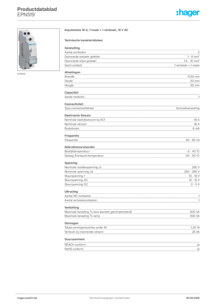 Afbeelding Hager Productdatablad EPN519 | Hager Belgium