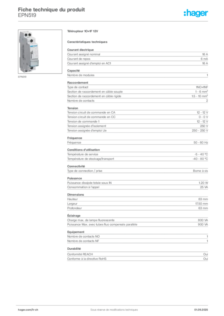 Image Hager Fiche technique du produit EPN519 | Hager Suisse