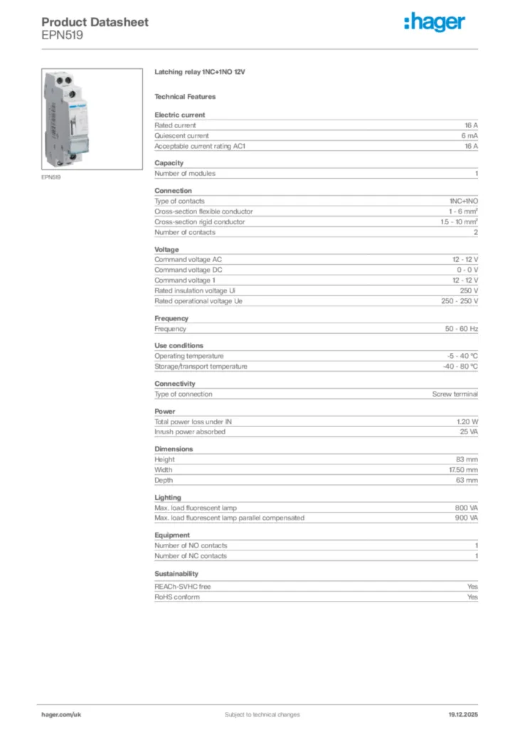 Image Hager Product data sheet EPN519  | Hager