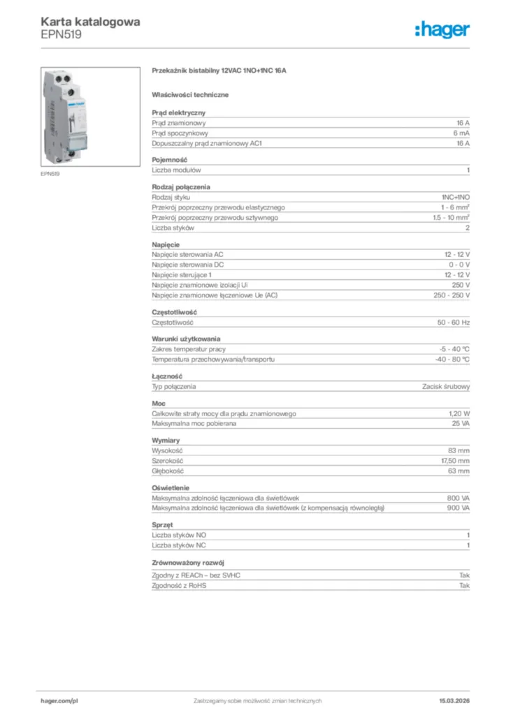 Zdjęcie Hager Karta katalogowa EPN519 | Hager Polska