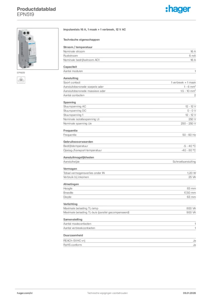 Afbeelding Hager Productdatablad EPN519 | Hager Nederland