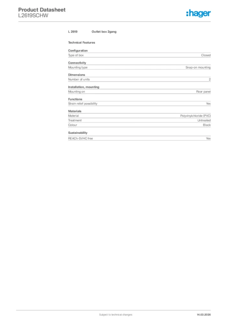 Image Hager Product data sheet L2619SCHW  | Hager Africa