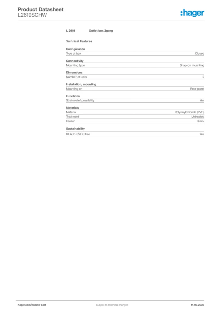Image Hager Product data sheet L2619SCHW  | Hager