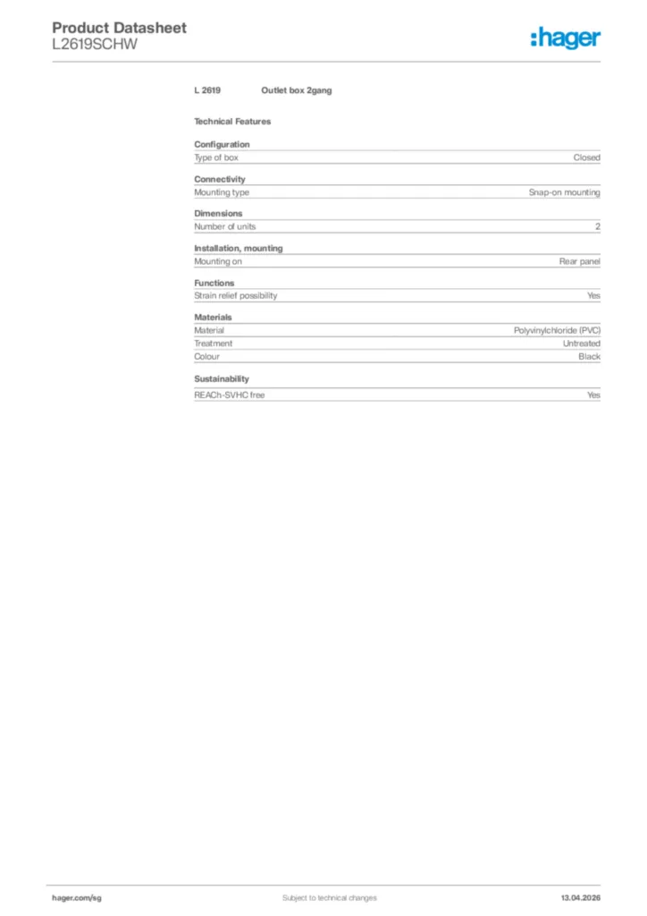 Image Hager Product data sheet L2619SCHW  | Hager