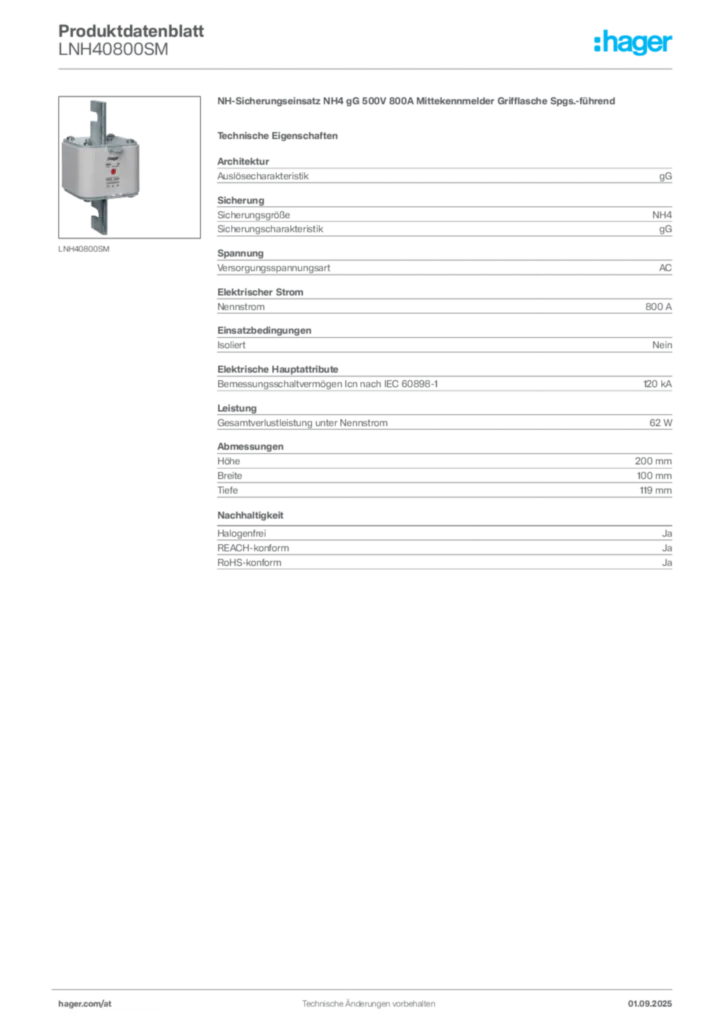 Bild Hager Produktdatenblatt LNH40800SM | Hager Deutschland