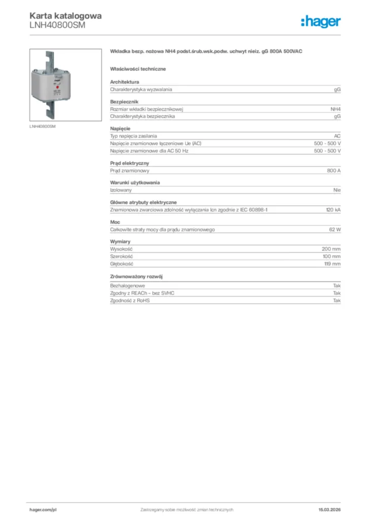 Zdjęcie Hager Karta katalogowa LNH40800SM | Hager Polska