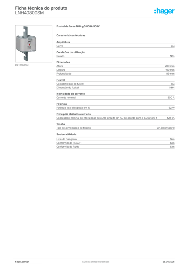 Imagem Hager Ficha técnica do produto LNH40800SM | Hager Portugal
