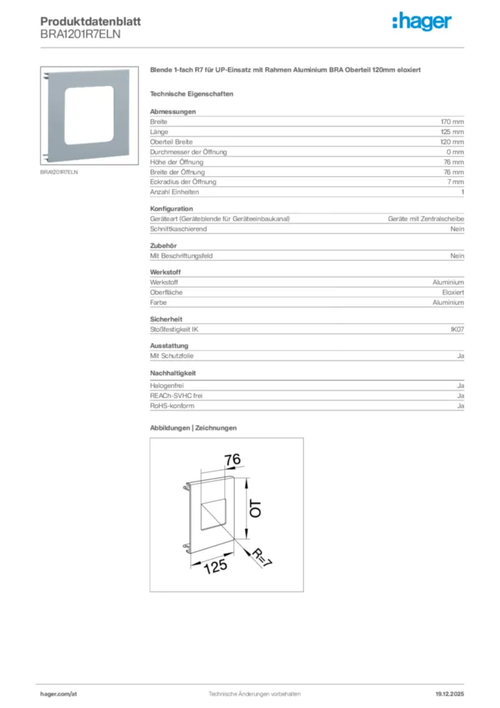 Bild Hager Produktdatenblatt BRA1201R7ELN | Hager Deutschland