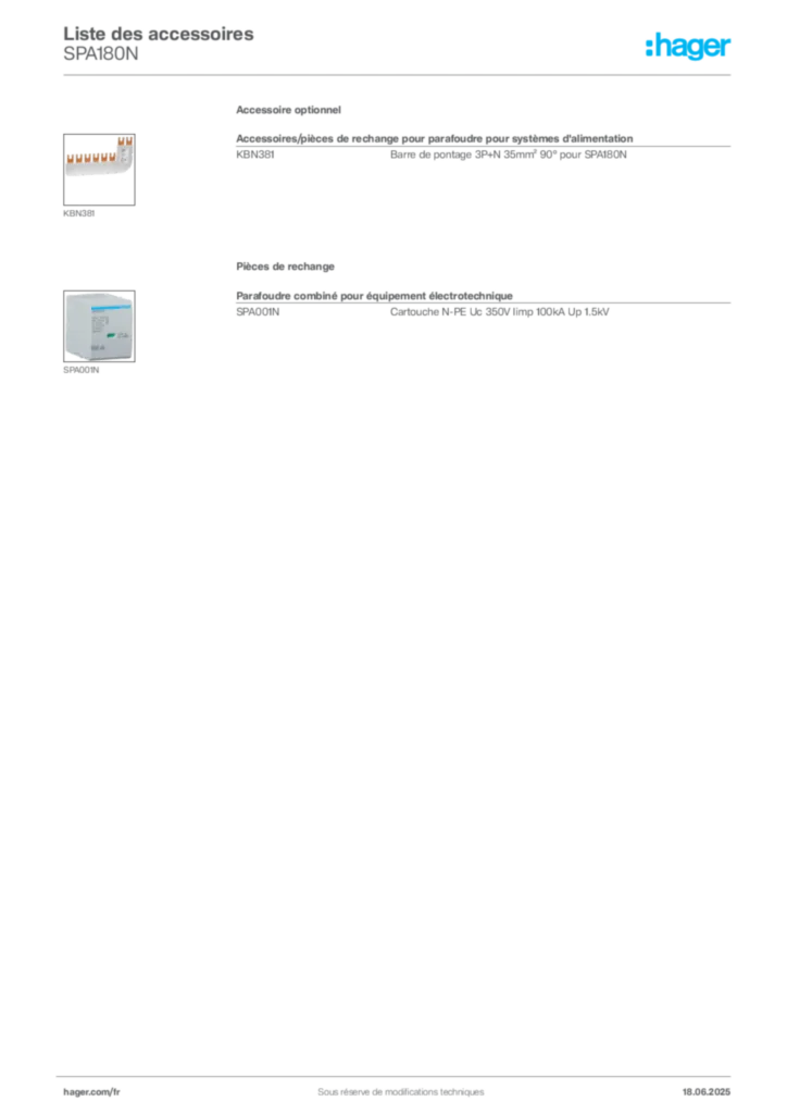 Image Hager Fiche technique du produit SPA180N | Hager France