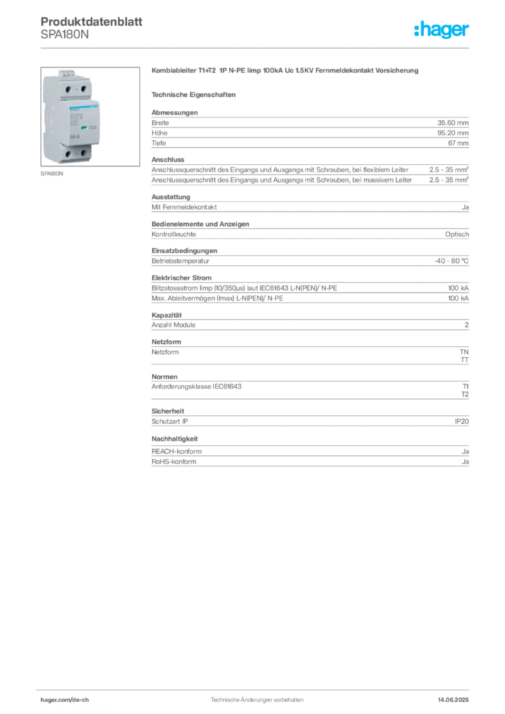 Bild Hager Produktdatenblatt SPA180N | Hager Schweiz