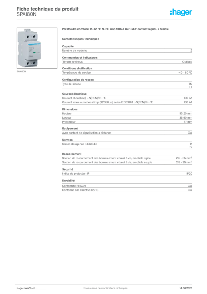 Image Hager Fiche technique du produit SPA180N | Hager Suisse