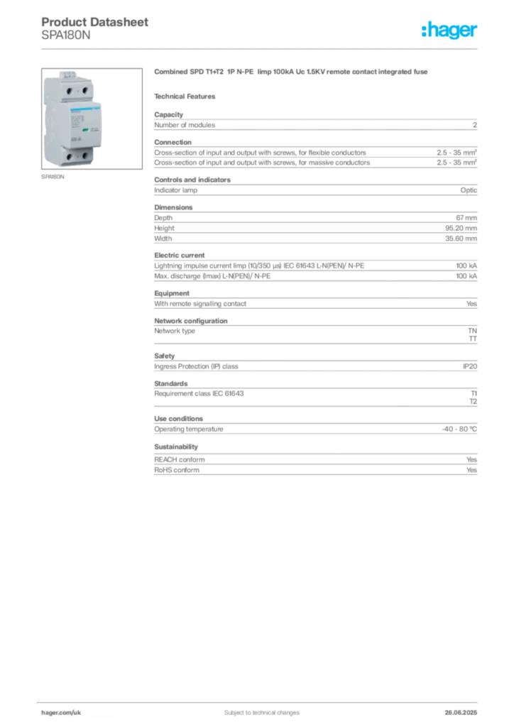 Image Hager Product data sheet SPA180N  | Hager