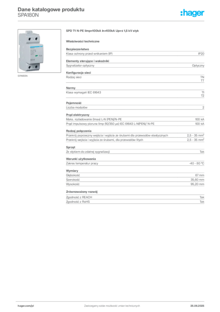 Zdjęcie Hager Karta katalogowa SPA180N | Hager Polska