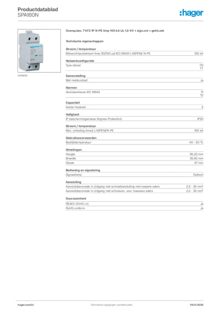 Afbeelding Hager Productdatablad SPA180N | Hager Nederland