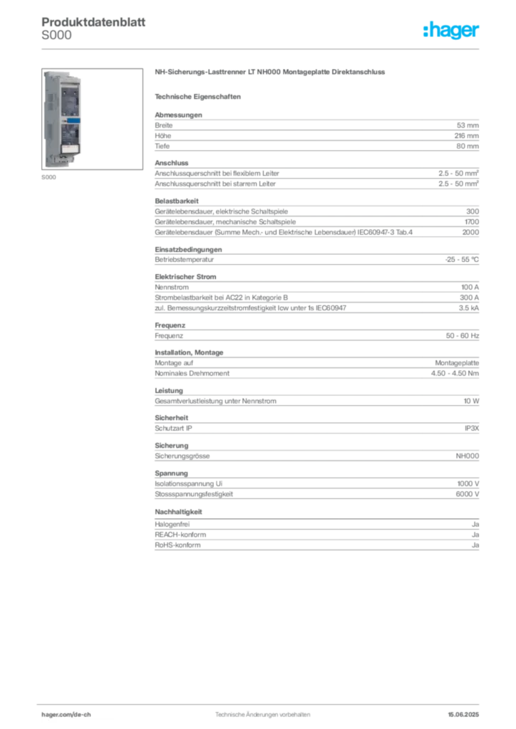 Bild Hager Produktdatenblatt S000 | Hager Schweiz