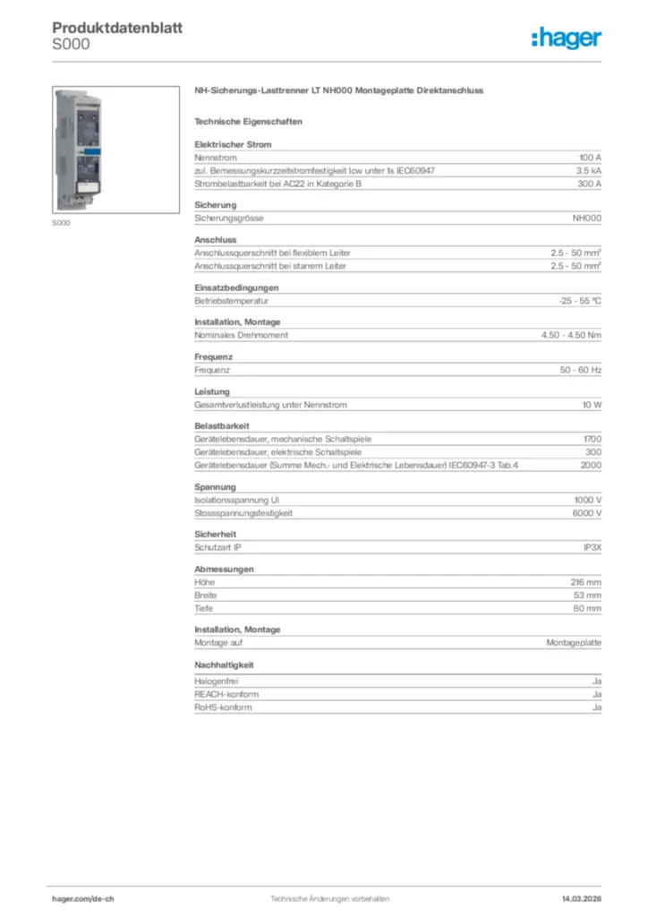 Bild Hager Produktdatenblatt S000 | Hager Schweiz
