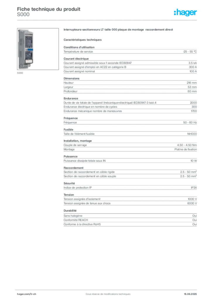 Image Hager Fiche technique du produit S000 | Hager Suisse