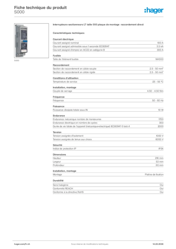 Image Hager Fiche technique du produit S000 | Hager Suisse