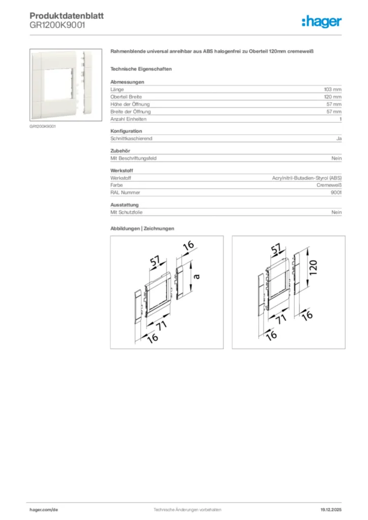 Bild Hager Produktdatenblatt GR1200K9001 | Hager Deutschland