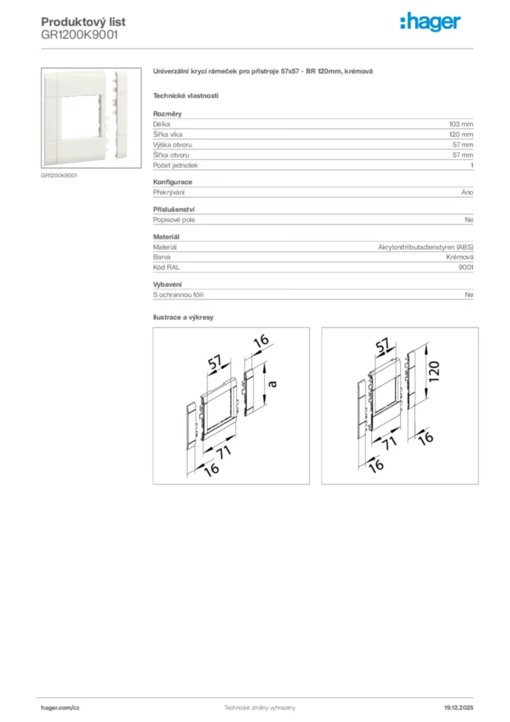 Obrázek Hager Produktový list GR1200K9001 | Hager