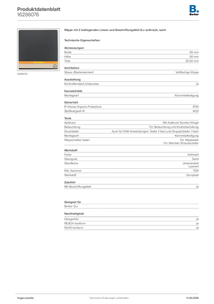 Bild Berker Produktdatenblatt 16286076 | Hager Deutschland