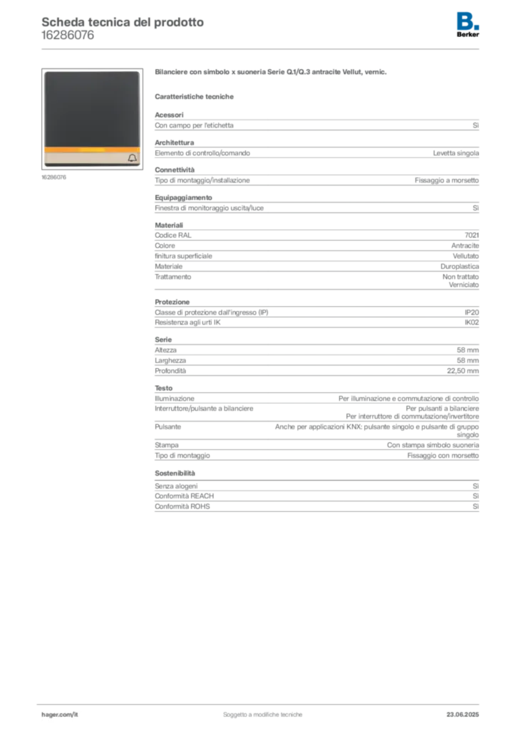 Immagine Berker Scheda tecnica del prodotto 16286076 | Hager Italia