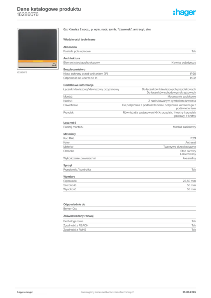 Zdjęcie Hager Karta katalogowa 16286076 | Hager Polska