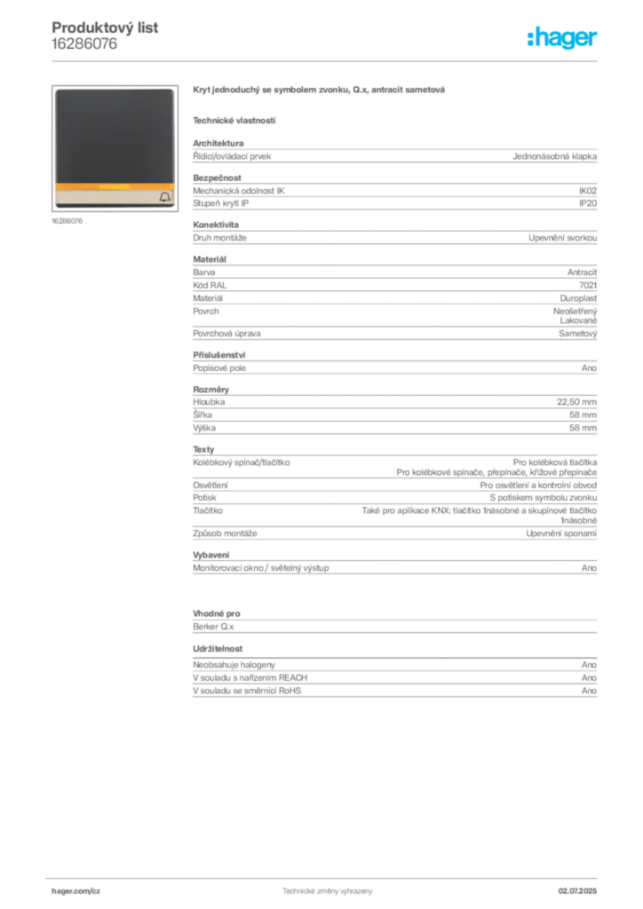 Obrázek Hager Produktový list 16286076 | Hager