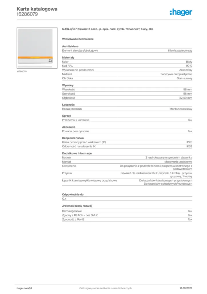 Zdjęcie Hager Karta katalogowa 16286079 | Hager Polska
