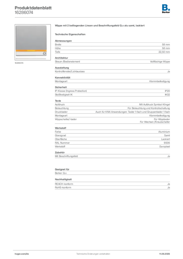 Bild Berker Produktdatenblatt 16286074 | Hager Deutschland