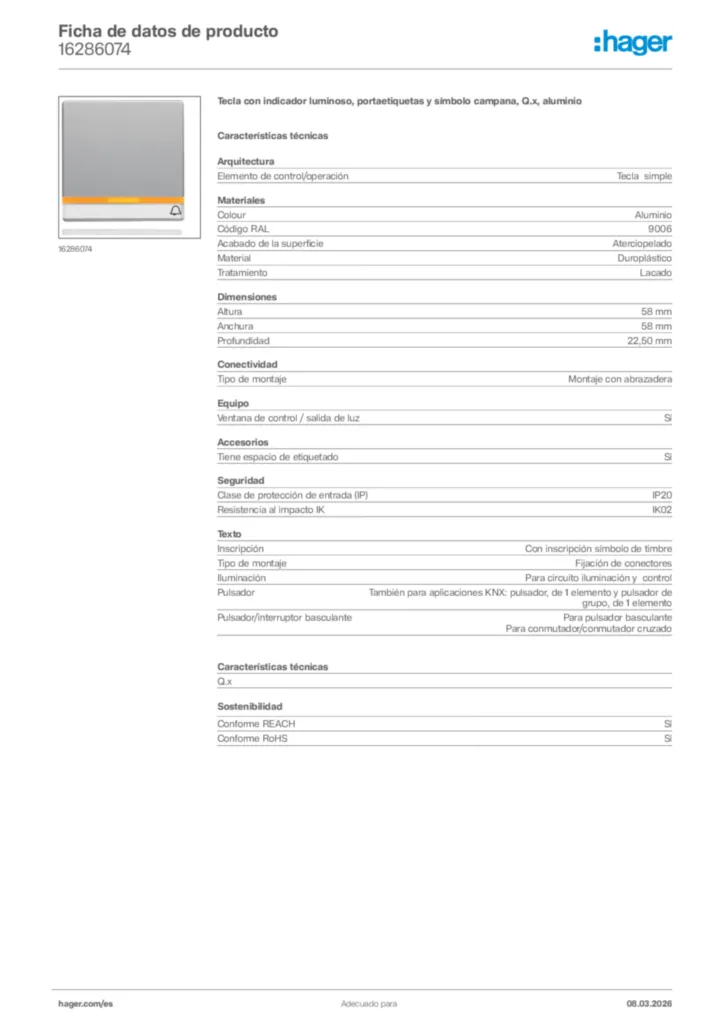 Imagen Hager Ficha de datos de producto 16286074 | Hager España