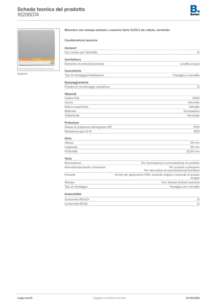 Immagine Berker Scheda tecnica del prodotto 16286074 | Hager Italia