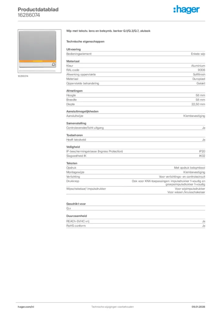 Afbeelding Hager Productdatablad 16286074 | Hager Nederland