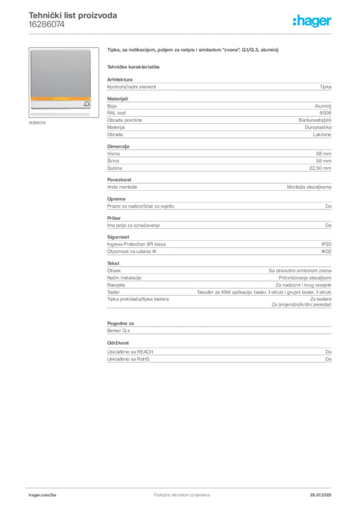 Slika Hager Product data sheet 16286074  | Hager