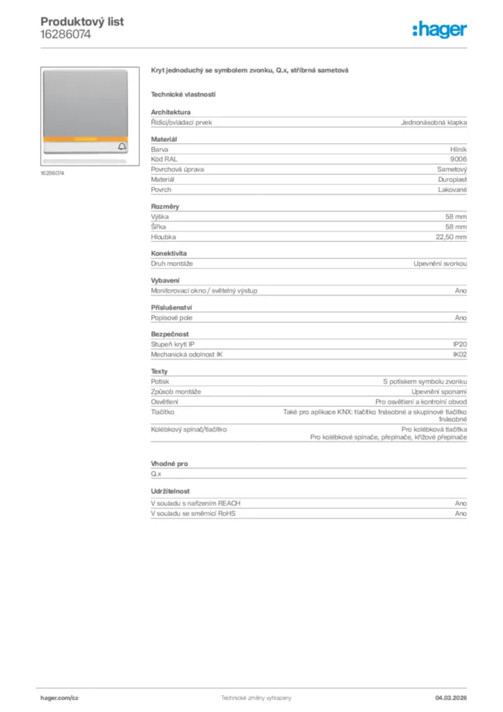 Obrázek Hager Product data sheet 16286074 | Hager