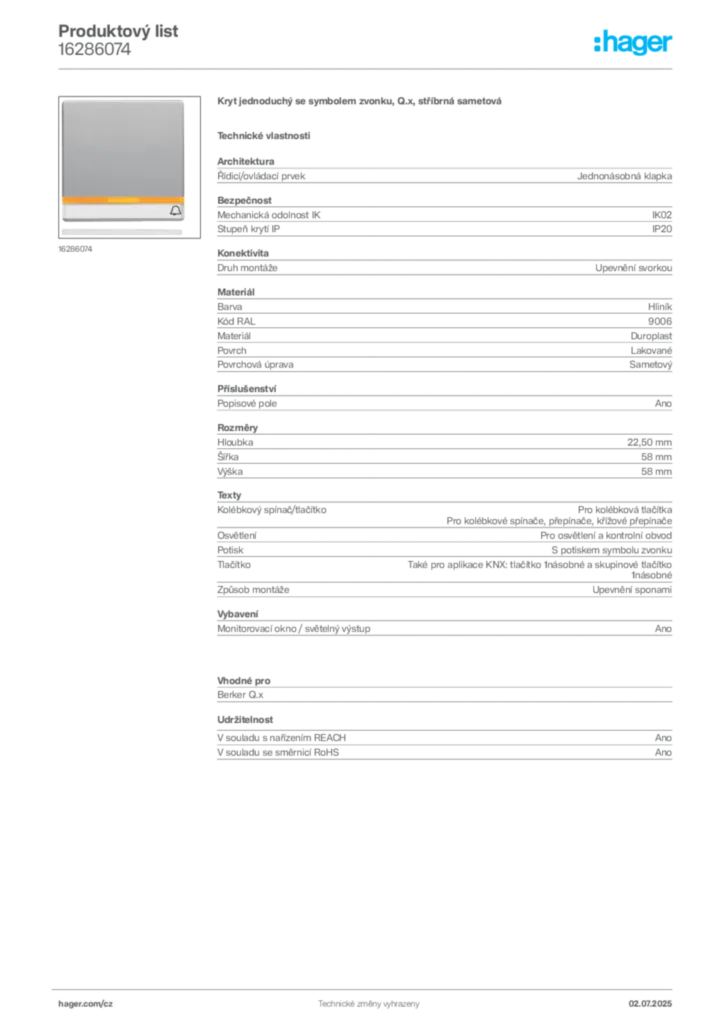 Obrázek Hager Produktový list 16286074 | Hager