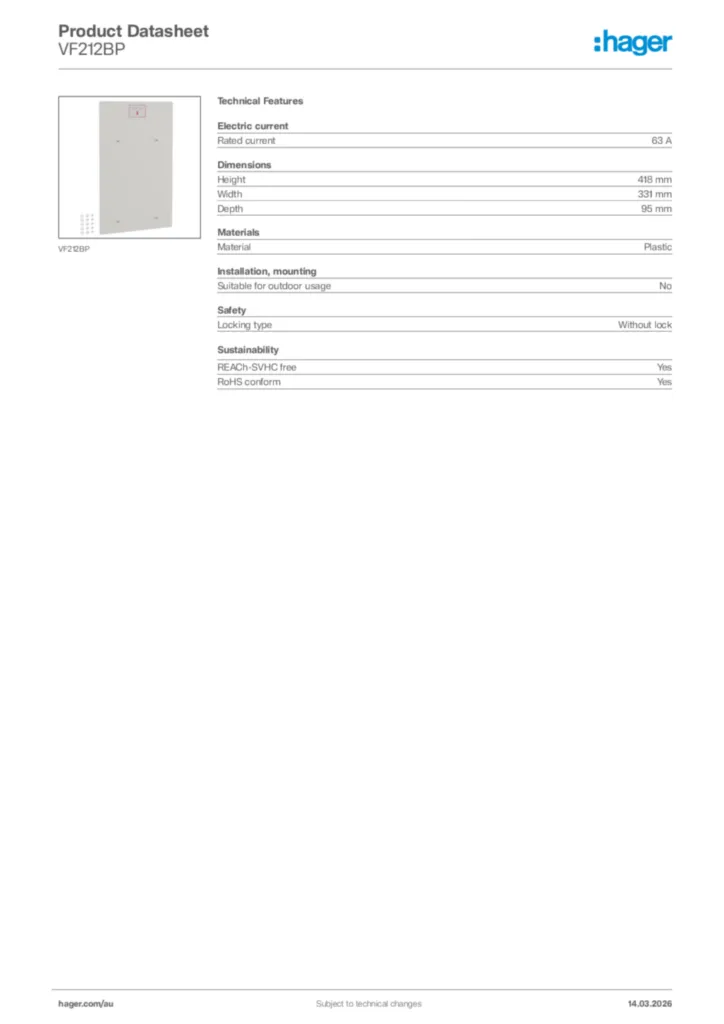 Image Hager Product data sheet VF212BP  | Hager Australia