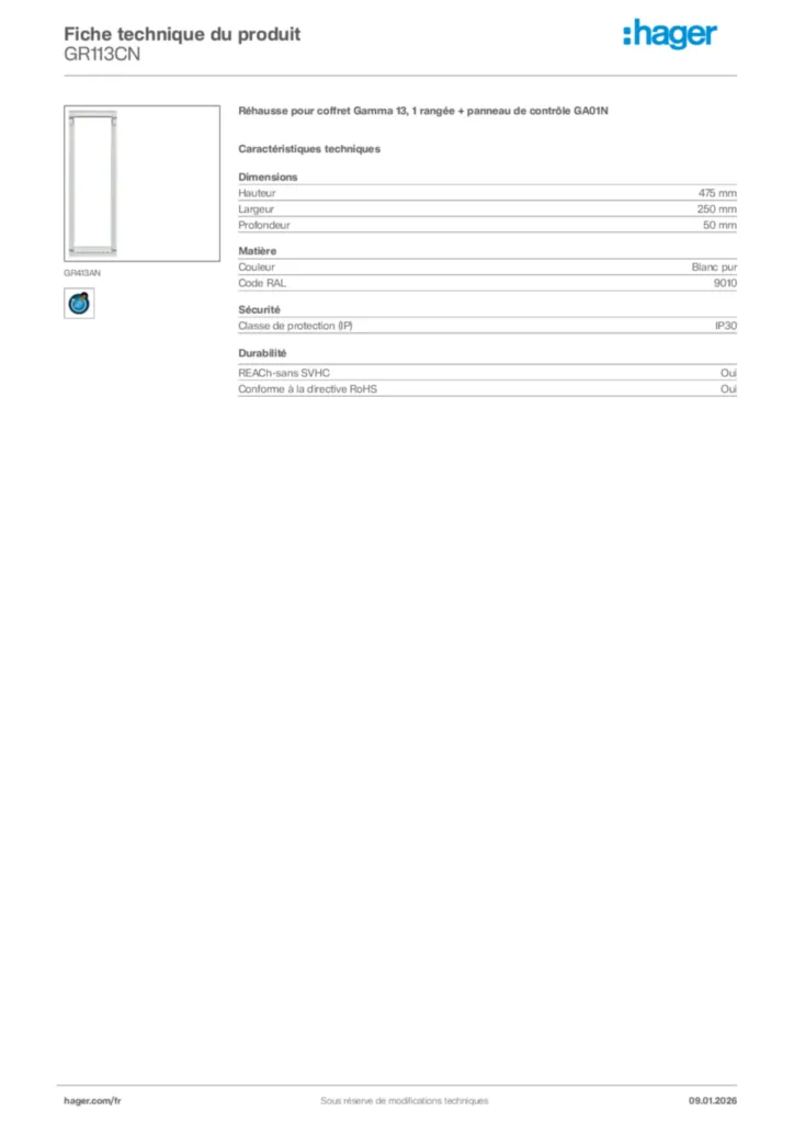 Image Hager Fiche technique du produit GR113CN | Hager France