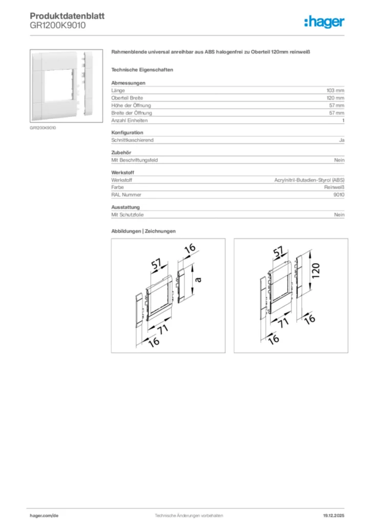 Bild Hager Produktdatenblatt GR1200K9010 | Hager Deutschland