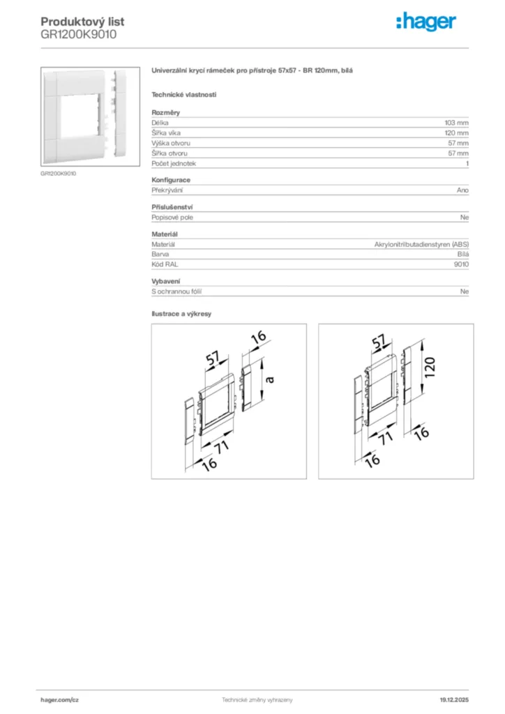 Obrázek Hager Produktový list GR1200K9010 | Hager