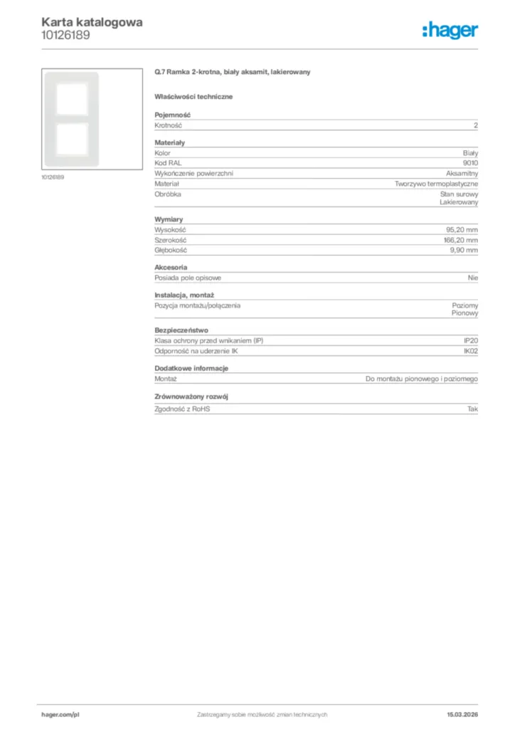 Zdjęcie Hager Karta katalogowa 10126189 | Hager Polska