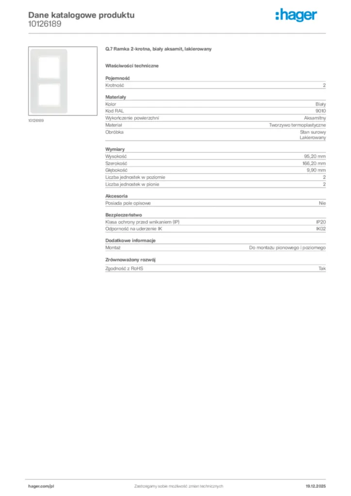 Zdjęcie Hager Karta katalogowa 10126189 | Hager Polska