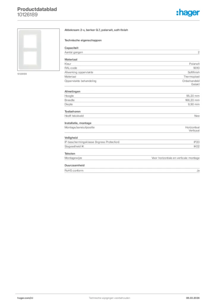 Afbeelding Hager Productdatablad 10126189 | Hager Nederland