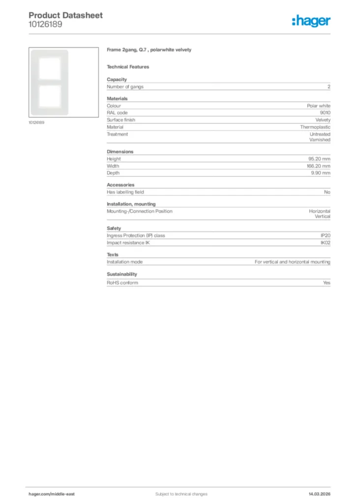 Image Hager Product data sheet 10126189  | Hager