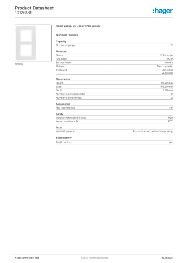 Image Hager Product data sheet 10126189  | Hager